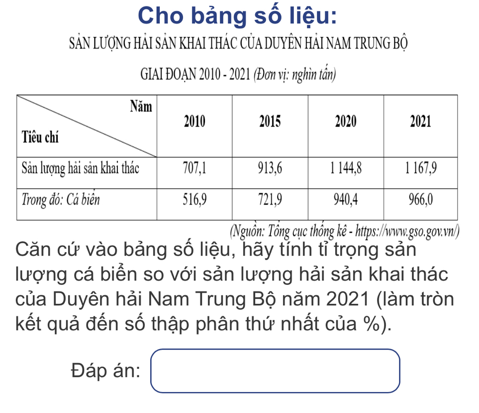 Cho bảng số liệu: 
SảN lượNG HảI SảN KHAI tHÁC CủA DUYÊN HảI NAM trunG Bộ 
GIAI ĐOAN 2010 - 2021 (Đơn vị: nghìn tần) 
Nuồn: Tổng cục thổng kê - https://www.gso.gov.vn/) 
Căn cứ vào bảng số liệu, hãy tỉnh tỉ trọng sản 
lượng cá biển so với sản lượng hải sản khai thác 
của Duyên hải Nam Trung Bộ năm 2021 (làm tròn 
kết quả đến số thập phân thứ nhất của %). 
Đáp án: