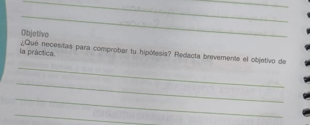 Objetivo 
_ 
¿Qué necesitas para comprobar tu hipótesis? Redacta brevemente el objetivo de 
la práctica. 
_ 
_ 
_