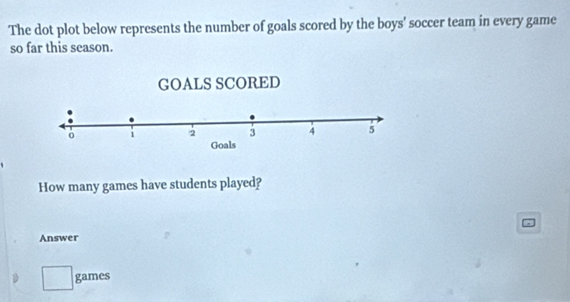 The dot plot below represents the number of goals scored by the boys' soccer team in every game 
so far this season. 
GOALS SCORED
0 1 2 3 4 5
Goals 
How many games have students played? 
Answer 
□ games