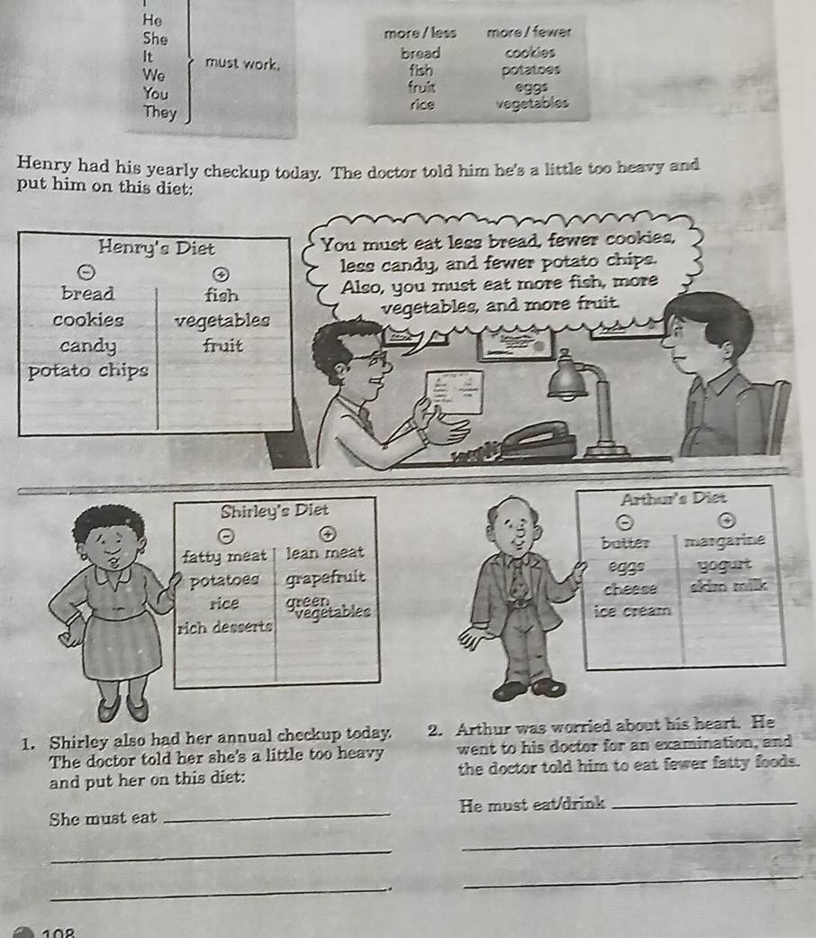 He 
She more / less more / fewer 
bread cookies 
It must work. 
fish 
We potatoes 
You fruit eggs 
They rice vegetables 
Henry had his yearly checkup today. The doctor told him he's a little too heavy and 
put him on this diet: 
Henry's Diet You must eat less bread, fewer cookies, 
less candy, and fewer potato chips. 
bread fish Also, you must eat more fish, more 
cookies vegetables vegetables, and more fruit. 
candy fruit 
potato chips 
Shirley's Diet Arthur's Diet 
butter 
fatty meat lean meat margarine 
eggº 
potatoes grapefruit yogurt 
rice green cheese ski milk 
rich desserts vegetables 
ice cream 
1. Shirley also had her annual checkup today 2. Arthur was worried about his heart. He 
The doctor told her she's a little too heavy went to his doctor for an examination, and 
and put her on this diet: the doctor told him to eat fewer fatty foods. 
She must eat _He must eat/drink_ 
_ 
_ 
_ 
_ 
1∩2