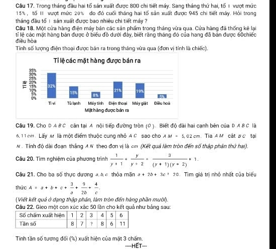 Trong tháng đầu hai tổ sán xuất được 800 chi tiết máy. Sang tháng thứ hai, tố 1 vượt mức
15%, tổ II vượt mức 20% do đó cuối tháng hai tổ sản xuất được 945 chi tiết máy. Hỏi trong
tháng đầu tổ 1  sán xuất được bao nhiêu chi tiết máy ?
Câu 18. Một cửa hàng điện máy bán các sản phẩm trong tháng vừa qua. Cửa hàng đã thống kê lại
tỉ lệ các mặt hàng bản được ở biểu đồ dưới đây, biết rãng tháng đó của hang đã bản được 60chiếc
điều hòa
Tính số lương điện thoai được bán ra trong tháng vừa qua (đơn vi tính là chiếc).
Câu 19, Cho D A B C cân tại A nội tiếp đường tròn (0 ). Biết độ dài hai cạnh bên của D A B C là
6, 1 1 cm. Lấy M là một điểm thuộc cung nhỏ A C sao cho AM=5,02cm. Tia A M cất B C tại
N  Tính độ dài đoạn thắng A N theo đơn vị là cm (Kết quá làm tròn đến số thập phân thứ hai).
Câu 20. Tìm nghiệm của phương trình  1/y+1 + y/y+2 = 3/(y+1)(y+2) +1.
Câu 21. Cho ba số thực dương a à c thỏa mãn a+2b+3c+20 Tim giả trị nhỏ nhất của biểu
thức A=a+b+c+ 3/a + 9/2b + 4/c 
(Viết kết quả ở dạng thập phân, làm tròn đến hàng phần mười).
Câu 22. Gieo một con xúc xắc 50 lần cho kết quả như bảng sau:
Tính tần số tương đối (%) xuất hiện của mật 3 chấm.
===HET===