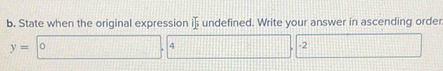 State when the original expression i]_5 undefined. Write your answer in ascending order
y= 0. 4 □ x_□  -2 □