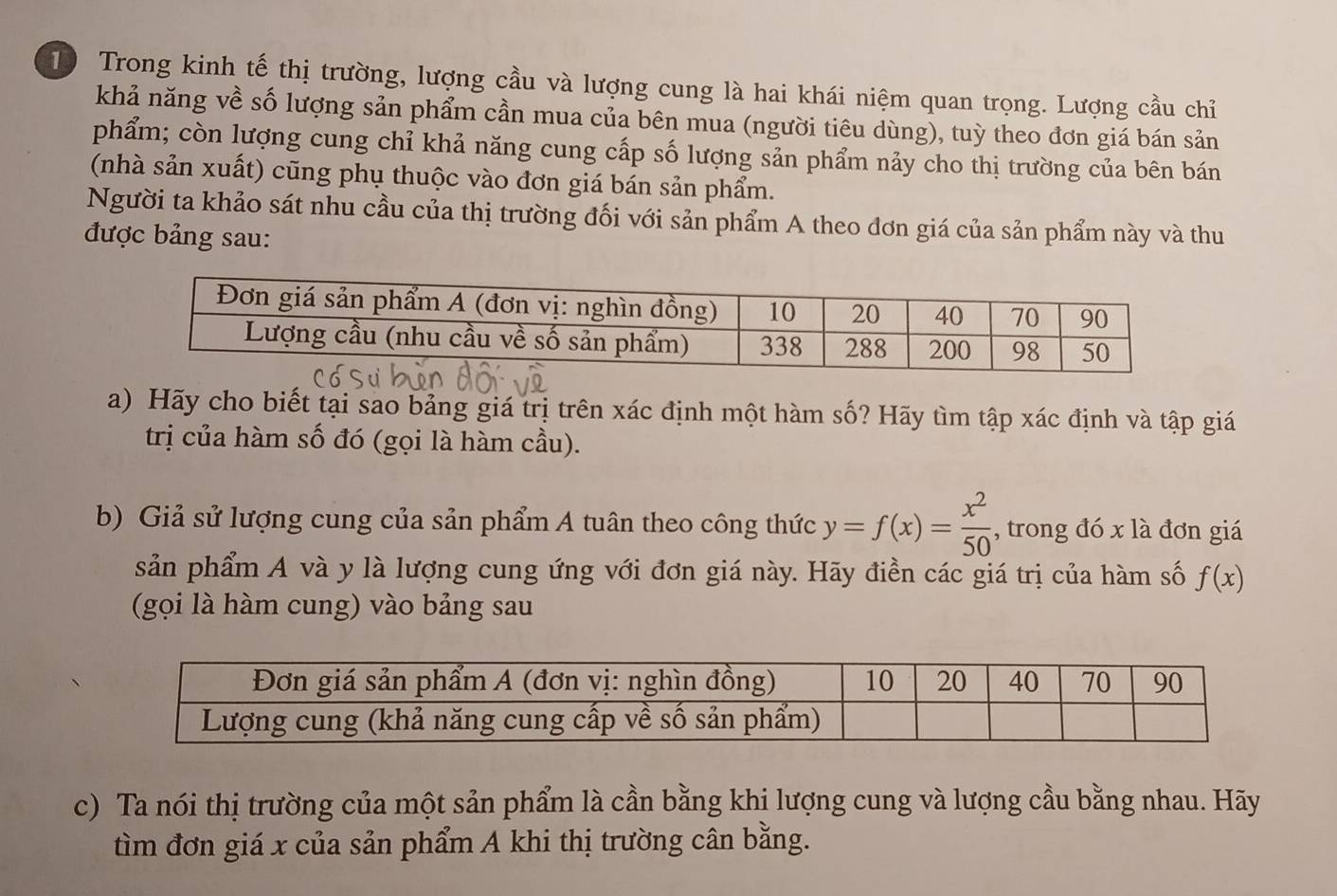 Trong kinh tế thị trường, lượng cầu và lượng cung là hai khái niệm quan trọng. Lượng cầu chỉ 
khả năng về số lượng sản phẩm cần mua của bên mua (người tiêu dùng), tuỳ theo đơn giá bán sản 
phẩm; còn lượng cung chỉ khả năng cung cấp số lượng sản phẩm nảy cho thị trường của bên bán 
(nhà sản xuất) cũng phụ thuộc vào đơn giá bán sản phẩm. 
Người ta khảo sát nhu cầu của thị trường đối với sản phẩm A theo đơn giá của sản phẩm này và thu 
được bảng sau: 
a) Hãy cho biết tại sao bảng giá trị trên xác định một hàm số? Hãy tìm tập xác định và tập giá 
trị của hàm số đó (gọi là hàm cầu). 
b) Giả sử lượng cung của sản phẩm A tuân theo công thức y=f(x)= x^2/50  , trong đó x là đơn giá 
sản phẩm A và y là lượng cung ứng với đơn giá này. Hãy điền các giá trị của hàm số f(x)
(gọi là hàm cung) vào bảng sau 
c) Ta nói thị trường của một sản phẩm là cần bằng khi lượng cung và lượng cầu bằng nhau. Hãy 
tìm đơn giá x của sản phẩm A khi thị trường cân bằng.