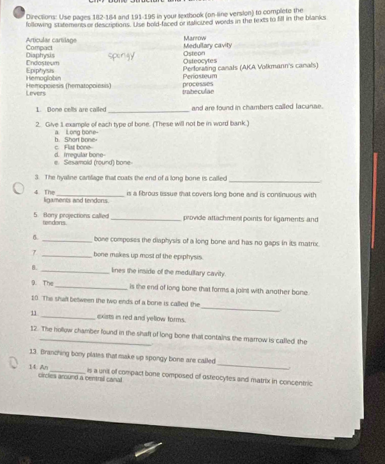 Directions: Use pages 182-184 and 191-195 in your textbook (on-line version) to complete the 
following statements or descriptions. Use bold-faced or italicized words in the texts to fill in the blanks 
Articular cartilage Marrow 
Compact Medullary cavity 
Diaphysis 
Endosteum spongy Osteon 
Osteocytes 
Epiphysis Perforating canals (AKA Volkmann's canals) 
Hemoglobin Periosteum 
Hemopoiesis (hematopoiesis) processes 
Levers trabeculae 
1. Bone cells are called_ and are found in chambers called lacunae. 
2. Give 1 example of each type of bone. (These will not be in word bank.) 
a Long bone 
b. Short bone- 
c. Flat bone 
d. Irregular bone-- 
e. Sesamold (round) bone- 
3. The hyaline cartilage that coats the end of a long bone is called_ 
4 The _is a fibrous tissue that covers long bone and is continuous with 
ligaments and tendons. 
5. Bony projections called _provide attachment points for ligaments and 
tendons. 
6. _bone composes the diaphysis of a long bone and has no gaps in its matrix. 
7 _bone makes up most of the epiphysis. 
8. _lines the inside of the medullary cavity. 
9. The_ is the end of long bone that forms a joint with another bone. 
_ 
10. The shaft between the two ends of a bone is called the 
11 _exists in red and yellow forms. 
12. The hollow chamber found in the shaft of long bone that contains the marrow is called the 
_ 
13. Branching bony plates that make up spongy bone are called 
14: An _is a unit of compact bone composed of osteocytes and matrix in concentric 
circles around a central canal