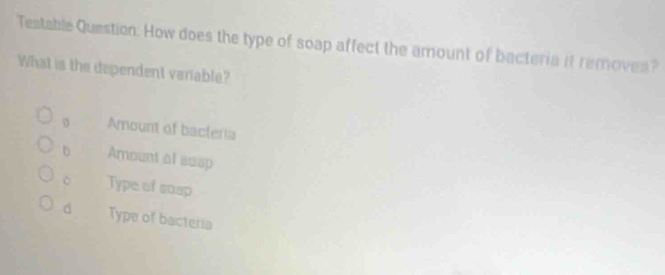 Testable Question: How does the type of soap affect the amount of bacteria it removes?
What is the dependent variable?
。 Amount of bacteria
b Amount al susp
。 Type of snap
d Type of bacteria