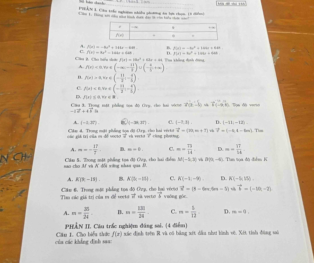 Số bão danh:
_
_
Mã đề thi 155
PHẢN I. Cầu trắc nghiệm nhiều phương án lựa chọn. (3 điểm)
Câu 1. Bảng xét đầu như hình dưới đây là của biểu thức nào?
A. f(x)=-8x^2+144x-648. B. f(x)=-8x^2+144x+648.
C. f(x)=8x^2-144x+648. D. f(x)=8x^2+144x+648.
Cầu 2. Cho biểu thức f(x)=10x^2+63x+44 , Tìm khẳng định đúng,
A. f(x)<0,forall x∈ (-∈fty ;- 11/2 )∪ (- 4/5 ;+∈fty ).
B. f(x)>0,forall x∈ (- 11/2 ;- 4/5 ).
C. f(x)<0,forall x∈ (- 11/2 ;- 4/5 ).
D. f(x)≤ 0,forall x∈ R.
Câu 3. Trong mặt phẳng tọa độ Oxy, cho hai véctơ vector a(2;-5) và vector b(-9;8). Tọa độ vecto
-1vector a+4vector b1lambda
A. (-1;37). B. (-38;37). C. (-7;3). D. (-11;-12).
Câu 4. Trong mặt phẳng tọa độ Oxy, cho hai véctơ vector u=(10;m+7) và vector v=(-4;4-6m) , Tìm
các giá trị của m đề vectơ vector u và vectơ vector v cùng phương.
A. m=- 17/7 . B. m=0. C. m= 73/14 . D. m= 17/14 .
Câu 5. Trong mặt phẳng tọa độ Oxy, cho hai điểm M(-5;3) và B(0;-6). Tìm tọa độ diểm K
sao cho M và K đối xứng nhau qua B.
A. K(9;-19). B. K(5;-15). C. K(-1;-9). D. K(-5;15).
Câu 6. Trong mặt phẳng tọa độ Oxy, cho hai véctơ vector n=(8-6m;6m-5) và vector b=(-10;-2).
Tìm các giá trị của m để vectơ vector n và vectơ vector b vuông góc.
A. m= 35/24 . B. m= 131/24 . C. m= 5/12 . D. m=0.
PHÀN II. Câu trắc nghiệm đúng sai. (4 điểm)
Câu 1. Cho biểu thức f(x) xác định trên R và có bảng xét dấu như hình vẽ. Xét tính đúng sai
của các khẳng định sau: