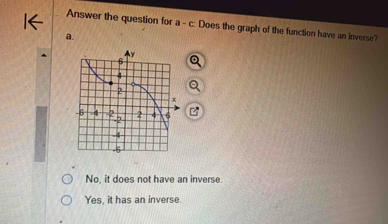 Answer the question for a-c : Does the graph of the function have an inverse?
a.
No, it does not have an inverse.
Yes, it has an inverse.