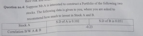 their risk and 
Question no.4: Suppose Mr.A is interested to construct a Portfolio of the following two 
stocks. The following data is given to you, where you are asked to 
much to invest in Stock A and B.