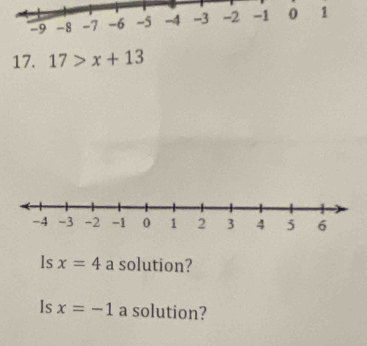 17>x+13
Is x=4 a solution? 
Is x=-1 a solution?