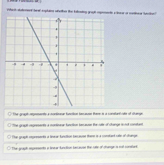 Lheal Fünctions 1C)
Which strtement bext explains whether the following graph represents a linear or nontinear function?
The graph represents a nonlinear function because there is a constant rate of change.
The graph represents a nonlinear function because the rate of change is not constant.
The graph represents a linear function because there is a constant rate of change.
The graph represents a linear function because the rate of change is not constant.