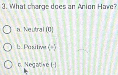 What charge does an Anion Have?
a. Neutral (0)
b. Positive (+)
c. Negative (-)