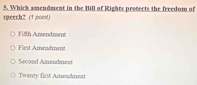 Which amendment in the Bill of Rights protects the freedom of
speech? (1 point)
Fifth Amendment
First Amendment
Second Amendment
Twenty first Amendment