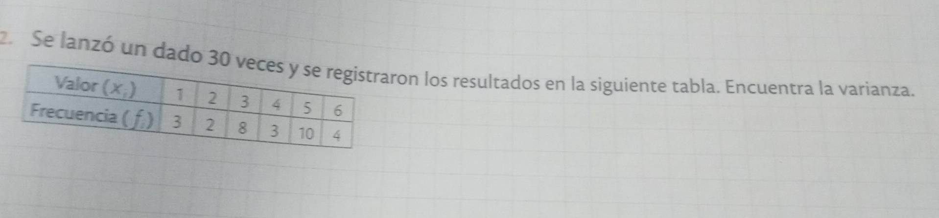 Se lanzó un dado on los resultados en la siguiente tabla. Encuentra la varianza.