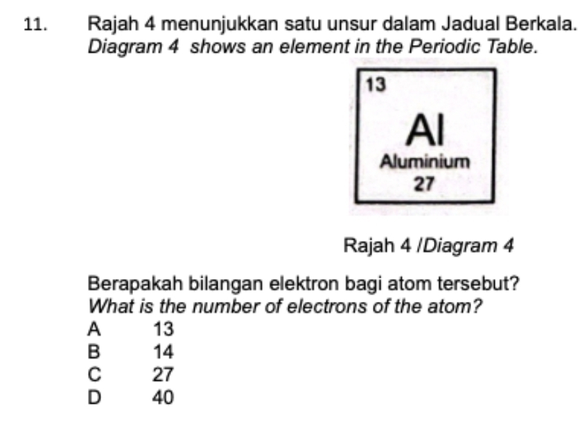 Rajah 4 menunjukkan satu unsur dalam Jadual Berkala.
Diagram 4 shows an element in the Periodic Table.
Rajah 4 /Diagram 4
Berapakah bilangan elektron bagi atom tersebut?
What is the number of electrons of the atom?
A 13
B 14
C 27
D 40