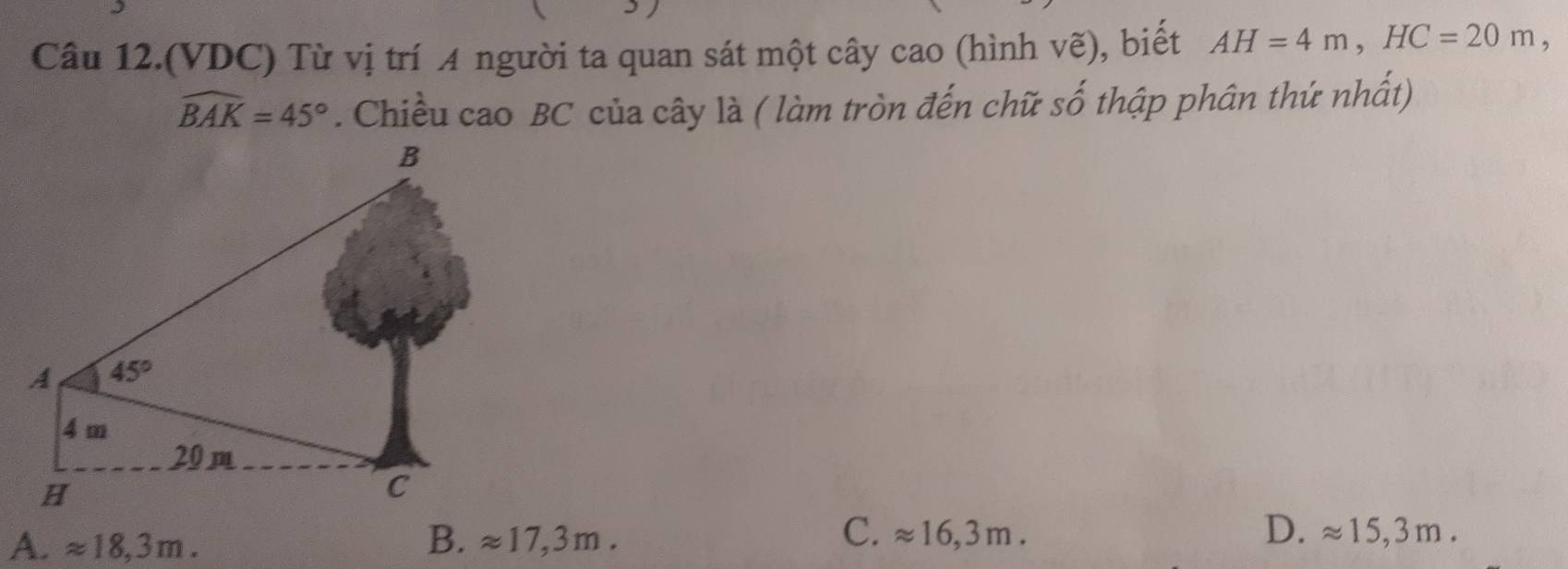 Câu 12.(VDC) Từ vị trí A người ta quan sát một cây cao (hình vẽ), biết AH=4m,HC=20m,
widehat BAK=45°. Chiều cao BC của cây là ( làm tròn đến chữ số thập phân thứ nhất)
C.
A. approx 18,3m. B. approx 17,3m. approx 16,3m. D. approx 15,3m.