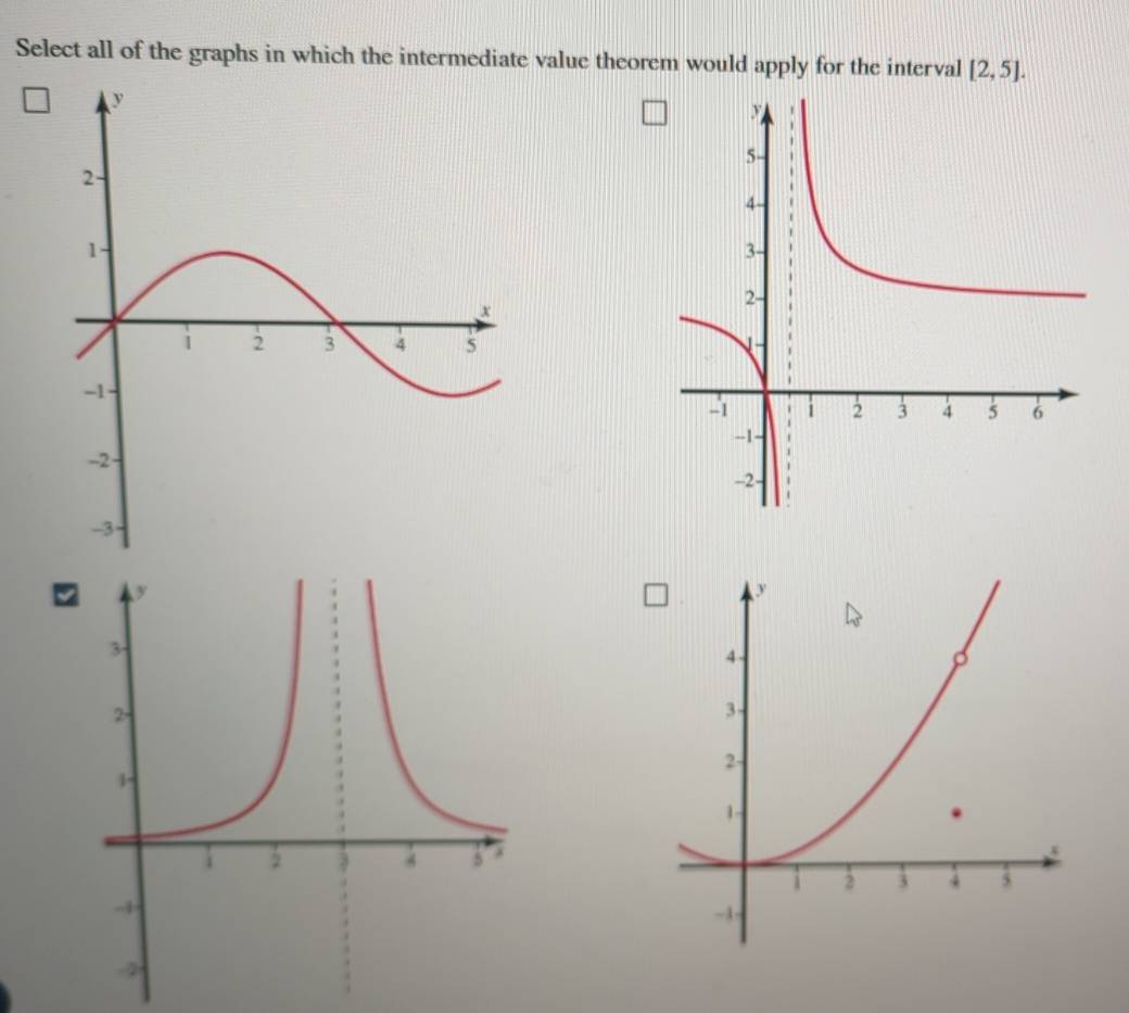 Select all of the graphs in which the intermediate value theorem would apply for the interval [2,5].