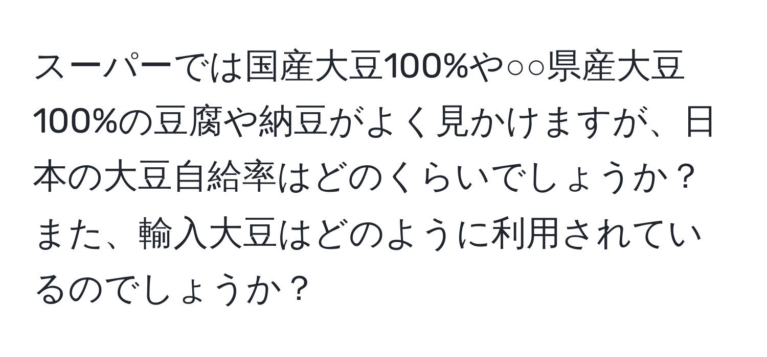 スーパーでは国産大豆100%や○○県産大豆100%の豆腐や納豆がよく見かけますが、日本の大豆自給率はどのくらいでしょうか？また、輸入大豆はどのように利用されているのでしょうか？