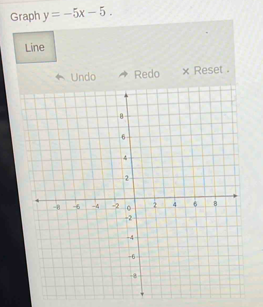 Graph y=-5x-5. 
Line 
Undo Redo x Reset .