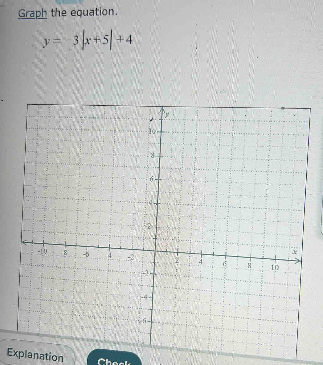 Graph the equation.
y=-3|x+5|+4
Explanation