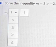 Solve the inequality m-3>-2. 
7?