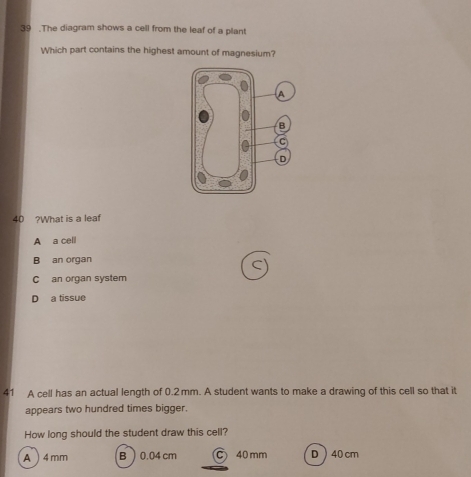 39 .The diagram shows a cell from the leaf of a plant
Which part contains the highest amount of magnesium?
40 ?What is a leaf
A a cell
B an organ
C an organ system
D a tissue
41 A cell has an actual length of 0.2 mm. A student wants to make a drawing of this cell so that it
appears two hundred times bigger.
How long should the student draw this cell?
A ) 4 mm B) 0.04 cm C 40mm D 40 cm