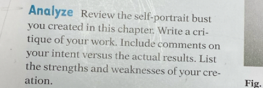 Analyze Review the self-portrait bust 
you created in this chapter. Write a cri- 
tique of your work. Include comments on 
your intent versus the actual results. List 
the strengths and weaknesses of your cre- 
ation. Fig.