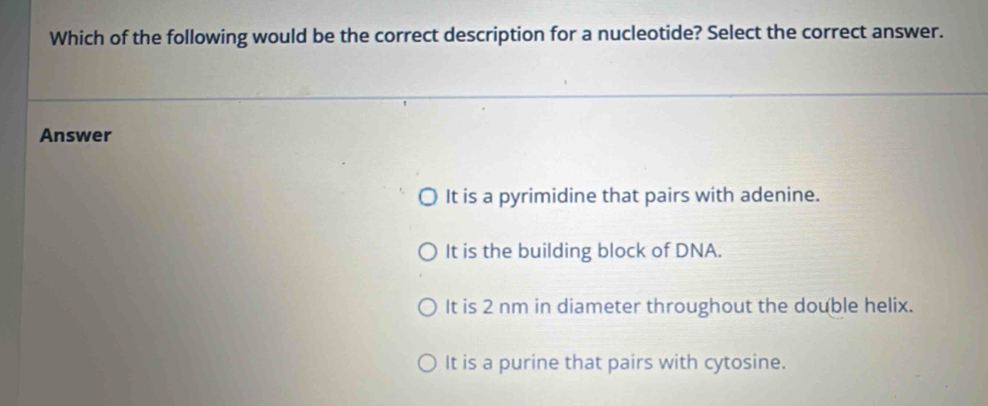 Which of the following would be the correct description for a nucleotide? Select the correct answer.
Answer
It is a pyrimidine that pairs with adenine.
It is the building block of DNA.
It is 2 nm in diameter throughout the double helix.
It is a purine that pairs with cytosine.