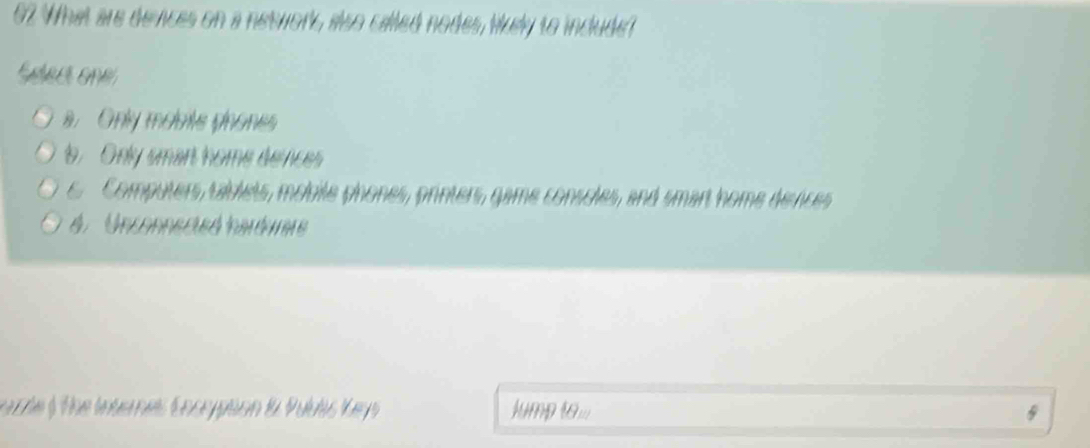 What are dences on a network, also called nodes, likely to include?
Stect one. Only mobits yhones
b. Only smant home deinces
e Computers, tablets, mobile phones, printers, game consoles, and smart home derces
4. Unconnected hardumre
orle) The Intarnes Eoscypton & Puuts Key J ump t