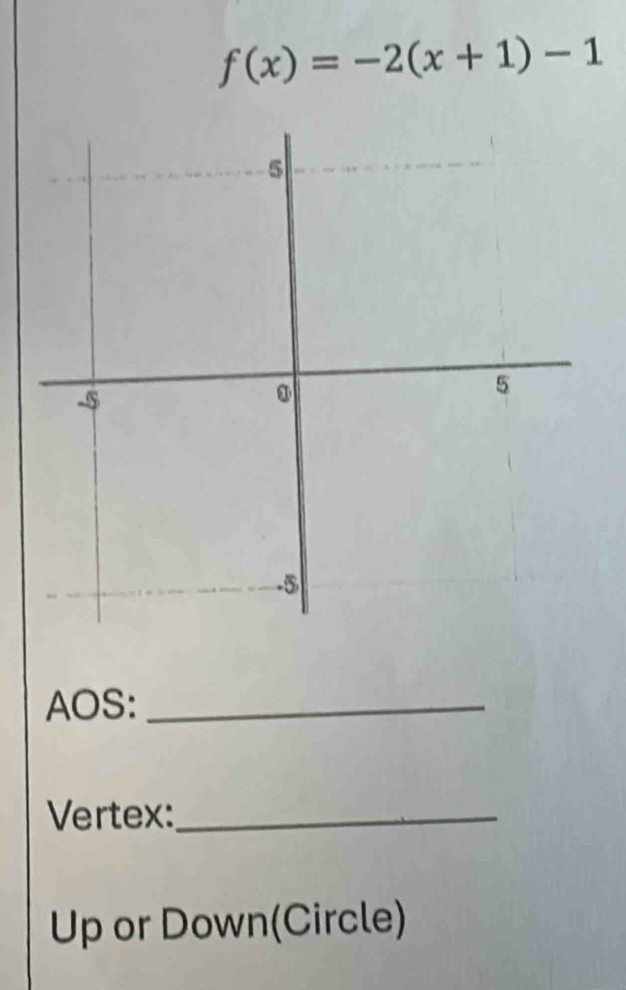 f(x)=-2(x+1)-1
AOS:_ 
Vertex:_ 
Up or Down(Circle)