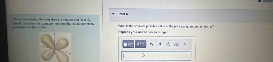 The accompanying drawing shows a contour plot for a d_yz
omital. Consider the quantum numbers that could potentially What is the smallest possible value of the principal quantum number, n? 
correspond to this orbital 
Express your answer as an integer. 
AX 
?
