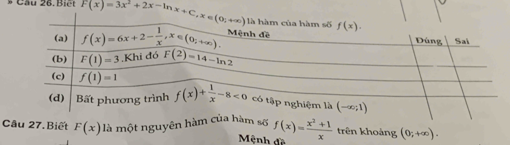 » Cầu 26.Biết F(x)=3x^2+2x-ln x+C,x∈ (0;+∈fty )
Câu 27.Biết F(x) là một nguyên hà số f(x)= (x^2+1)/x  trên khoảng (0;+∈fty ).
Mệnh đề