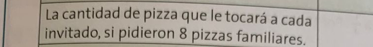 La cantidad de pizza que le tocará a cada 
invitado, si pidieron 8 pizzas familiares.