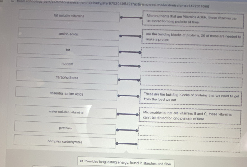 hssd schoology.com/common-assessment-delivery/start/7520408421?acticn=onresume&submissionld=1472314508 
Micronutrients that are Vitamins ADEK, these vitamins can 
fat soluble vitamins be stored for long periods of time. 
amino acids are the building blocks of proteins, 20 of these are needed to 
make a protein 
fat 
nutrient 
carbohydrates 
These are the building blocks of proteins that we need to get 
essential amino acids from the food we eat 
water soluble vitamins Micronutrients that are Vitamins B and C, these vitamins 
can't be stored for long periods of time 
proteins 
complex carbohyrates 
: Provides long lasting energy, found in starches and fiber