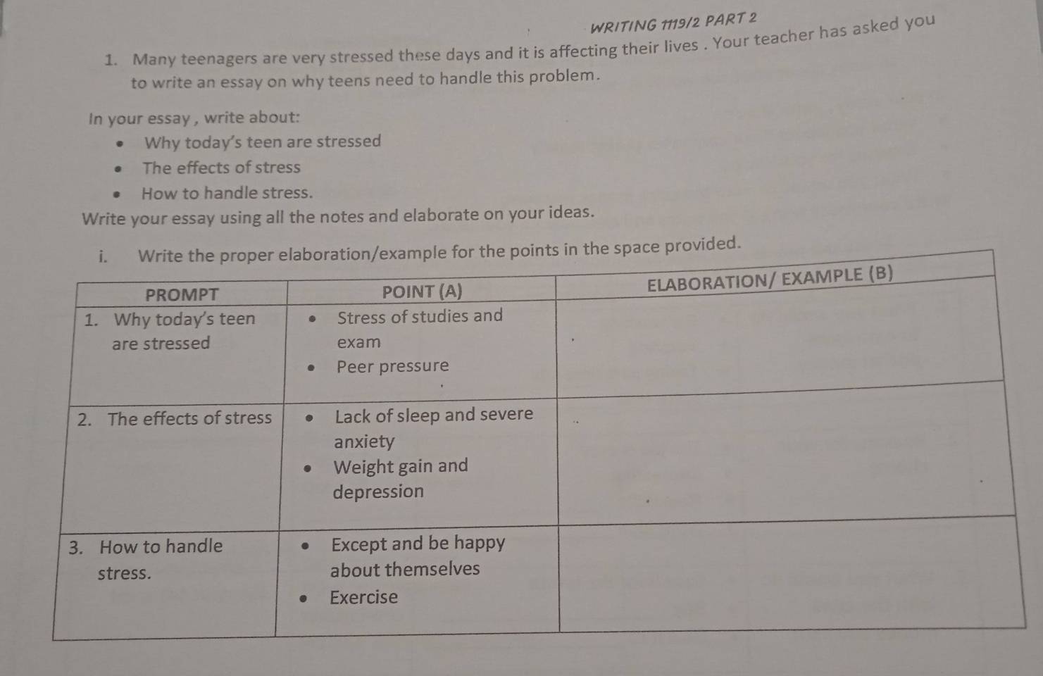 WRITING 1119/2 PART 2 
1. Many teenagers are very stressed these days and it is affecting their lives . Your teacher has asked you 
to write an essay on why teens need to handle this problem. 
In your essay , write about: 
Why today's teen are stressed 
The effects of stress 
How to handle stress. 
Write your essay using all the notes and elaborate on your ideas. 
ovided.