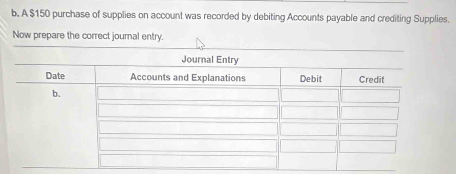 A $150 purchase of supplies on account was recorded by debiting Accounts payable and crediting Supplies. 
Now prepare the correct journal entry.