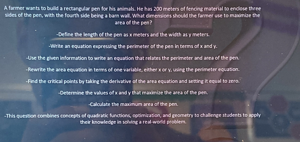 Solved: A farmer wants to build a rectangular pen for his animals. He ...