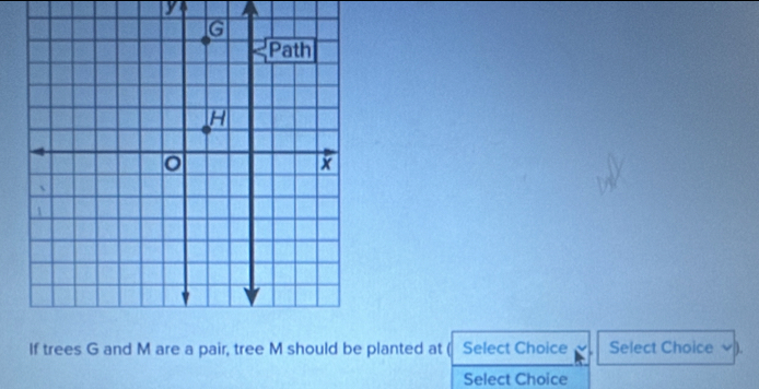 If trees G and M are a pair, tree M should be planted at ( Select Choice Select Choice . 
Select Choice