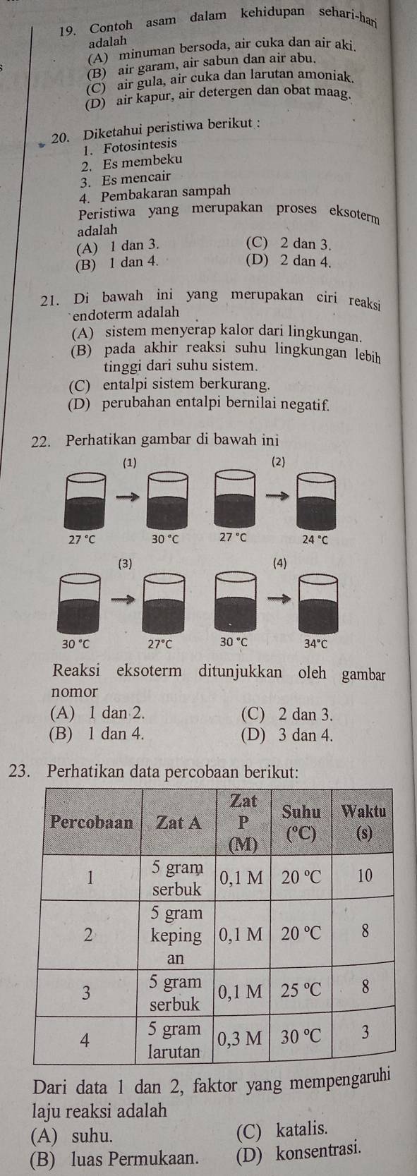 Contoh asam dalam kehidupan sehari-hari
adalah
(A) minuman bersoda, air cuka dan air aki.
(B) air garam, air sabun dan air abu.
(C) air gula, air cuka dan larutan amoniak.
(D) air kapur, air detergen dan obat maag.
20. Diketahui peristiwa berikut :
1. Fotosintesis
2. Es membeku
3. Es mencair
4. Pembakaran sampah
Peristiwa yang merupakan proses eksoterm
adalah
(A) 1 dan 3. (C) 2 dan 3.
(B) 1 dan 4. (D) 2 dan 4.
21. Di bawah ini yang merupakan ciri reaksi
endoterm adalah
(A) sistem menyerap kalor dari lingkungan.
(B) pada akhir reaksi suhu lingkungan lebih
tinggi dari suhu sistem.
(C) entalpi sistem berkurang.
(D) perubahan entalpi bernilai negatif.
22. Perhatikan gambar di bawah ini
(1) (2)
27°C 30°C 27°C 24°C
(3) (4)
30°C 27°C 30°C 34°C
Reaksi eksoterm ditunjukkan oleh gambar
nomor
(A) 1 dan 2. (C) 2 dan 3.
(B) 1 dan 4. (D) 3 dan 4.
23. Perhatikan data percobaan berikut:
Dari data 1 dan 2, faktor yang mempengaruh
laju reaksi adalah
(A) suhu.
(C) katalis.
(B) luas Permukaan. (D) konsentrasi.