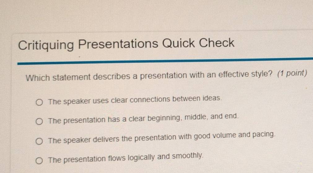 Solved: Critiquing Presentations Quick Check Which statement describes ...
