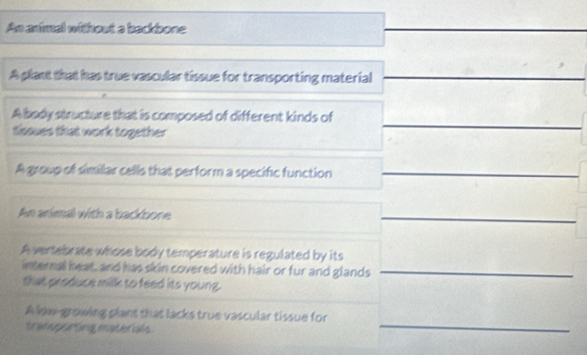 An animal without a backbone
A plant that has true vascular tissue for transporting material
A body structure that is composed of different kinds of
tissues that work together
A group of simillar cells that perform a specific function
An animal with a backbone
A vertebrate whose body temperature is regulated by its
internal heat, and has skin covered with hair or fur and glands
that produce milk to feed its young.
A low-growing plant that lacks true vascular tissue for
transporting materials .