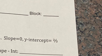 Block:_ 
. Slope =0 , y-intercept =2/3
ope - Int:_