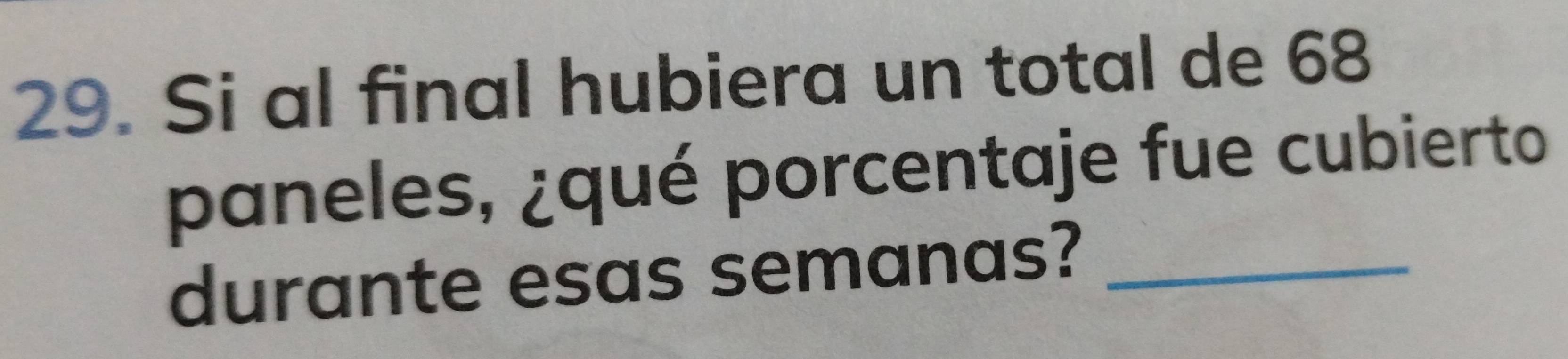 Si al final hubiera un total de 68
paneles, ¿qué porcentaje fue cubierto 
durante esas semanas?_