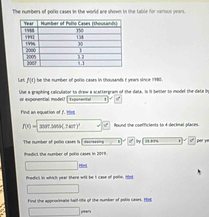 The numbers of polio cases in the world are shown in the table for various years, 
Let f(t) be the number of polio cases in thousands t years since 1980. 
Use a graphing calculator to draw a scattergram of the data. Is it better to model the data by 
or exponential model? Exponential sigma^4
Find an equation of . Hint
f(t)=3597.5959(.7407)^t sigma^4 Round the coefficients to 4 decimal places. 
The number of polio cases is decreasing ; sigma^4 by 25.93% 。 sigma° per ye 
Predict the number of polio cases in 2019. 
Hint 
Predict in which year there will be 1 case of polio. Hint 
Find the approximate half-life of the number of polio cases. Hint
years