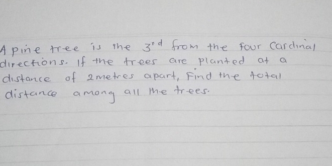 Apine tree is the 3^(rd) from the four Cardinal 
directions. If the trees are planted at a 
distance of 2metres apart, Find the Aotal 
distance among all the frees.