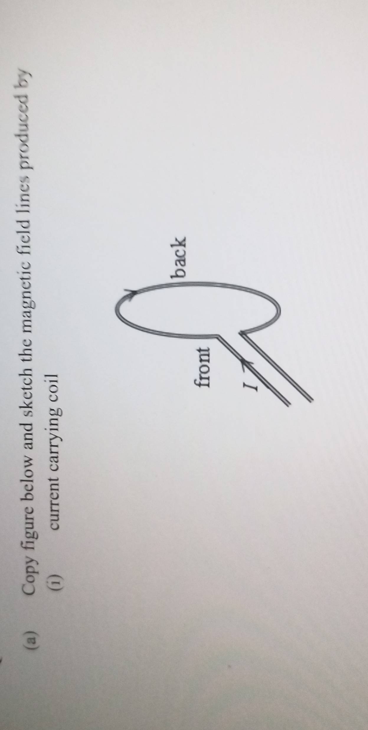 Copy figure below and sketch the magnetic field lines produced by 
(i) current carrying coil