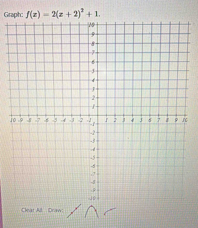 Graph: f(x)=2(x+2)^2+1. 
Clear All Draw: