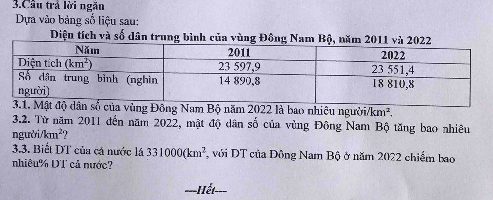 Câu trả lời ngăn
Dựa vào bảng số liệu sau:
Diện tích và số dân trung bình của vùng Đông Nam 
Đông Nam Bộ năm 2022 là bao nhiêu người/ km^2.
3.2. Từ năm 2011 đến năm 2022, mật độ dân số của vùng Đông Nam Bộ tăng bao nhiêu
người/ /km^2 ?
3.3. Biết DT của cả nước lá 331000(km^2 *, với DT của Đông Nam Bộ ở năm 2022 chiếm bao
nhiêu% DT cả nước?
==-Hết-==