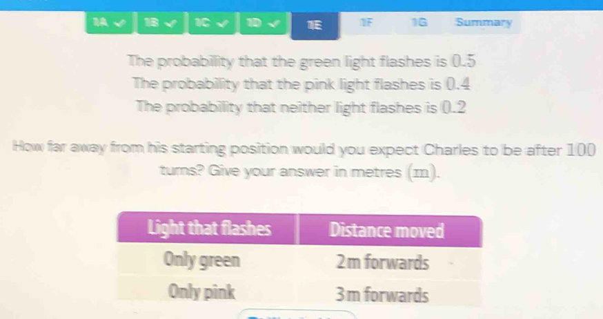 18 1C 1D 1E 1F 1G Summary 
The probability that the green light flashes is (.5
The probability that the pink light flashes is (.4
The probability that neither light flashes is ().2 
How far away from his starting position would you expect Charles to be after 100
turns? Give your answer in metres (m).