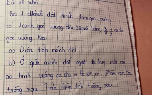 Baivé wha 
Bai I clanh dài hunk dam quc guóng 
co Icanh goo vuóng dāi 3àmā bāng  3/4  4/3  canh 
goo yuōng kia. 
a) Dién tich mánh dai 
b) 0 giùá mann dài nguái to lang mài ca 
ao hinh yuóng cochu vi faoum. Phān con Pai 
tnōng xàu. Tinh dién tich tnōng dau