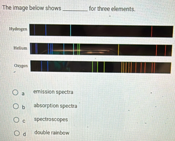 The image below shows _for three elements.
a emission spectra
b absorption spectra
C spectroscopes
d double rainbow